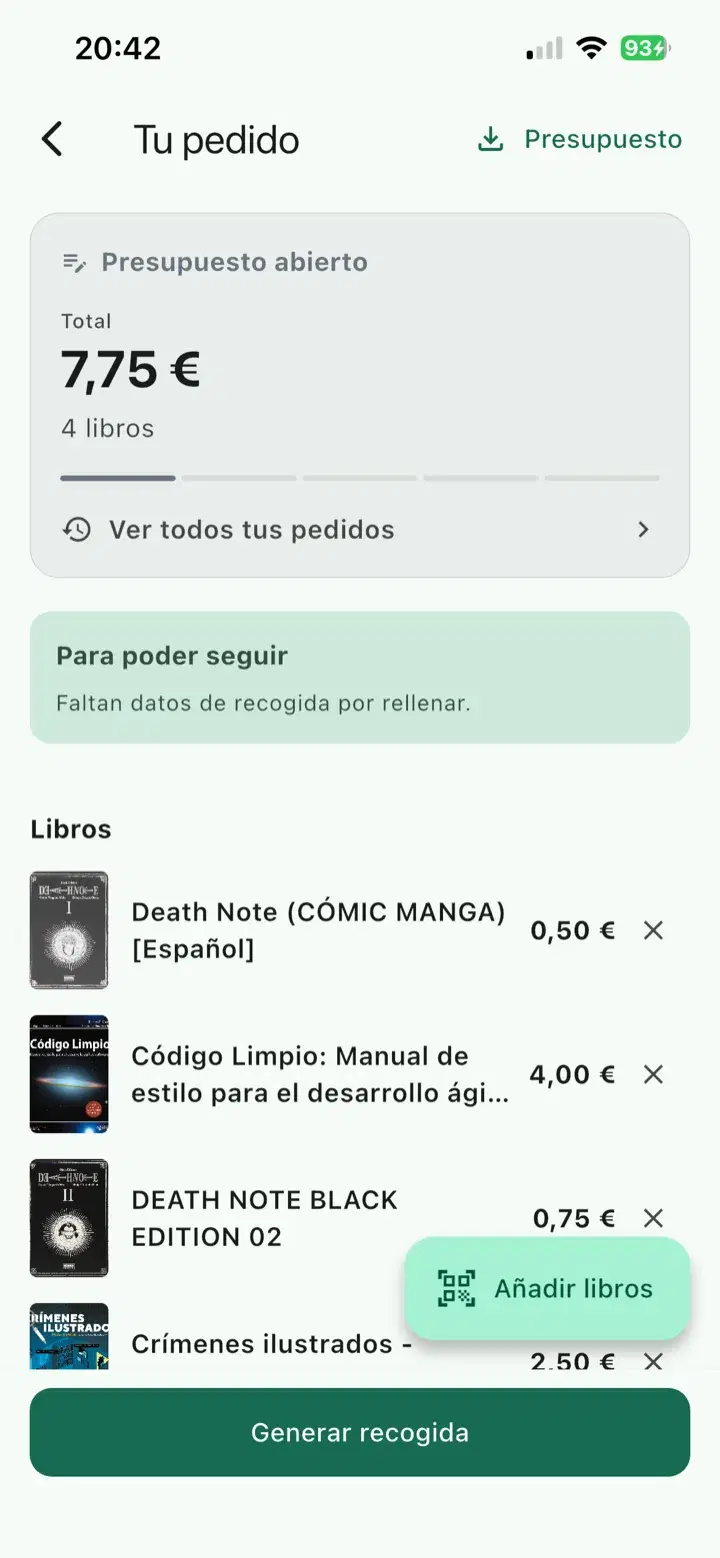 Pantalla de la app TWOFACES con el presupuesto de un pedido de libros